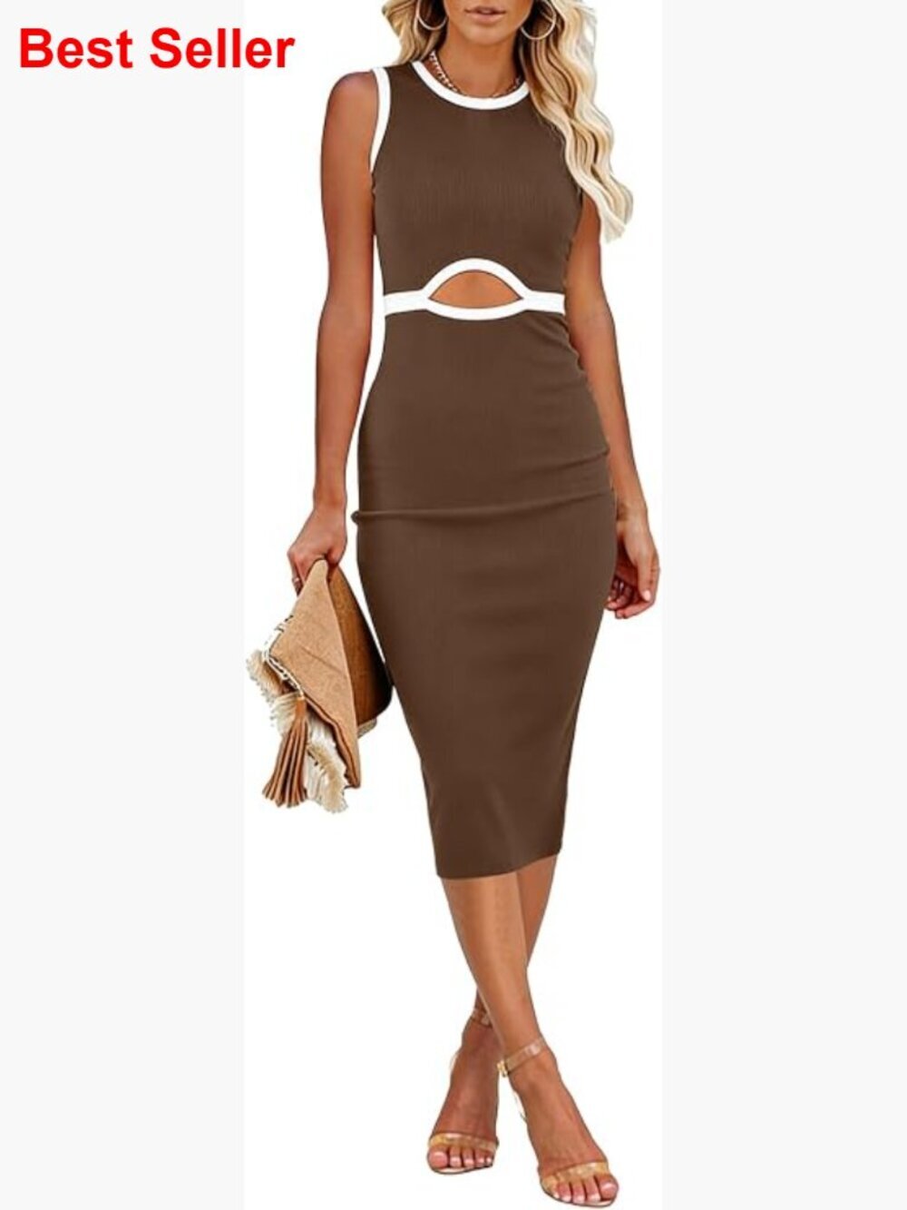 Cut Out Crew Neck Sleeveless Ribbed Bodycon Midi Dress Club